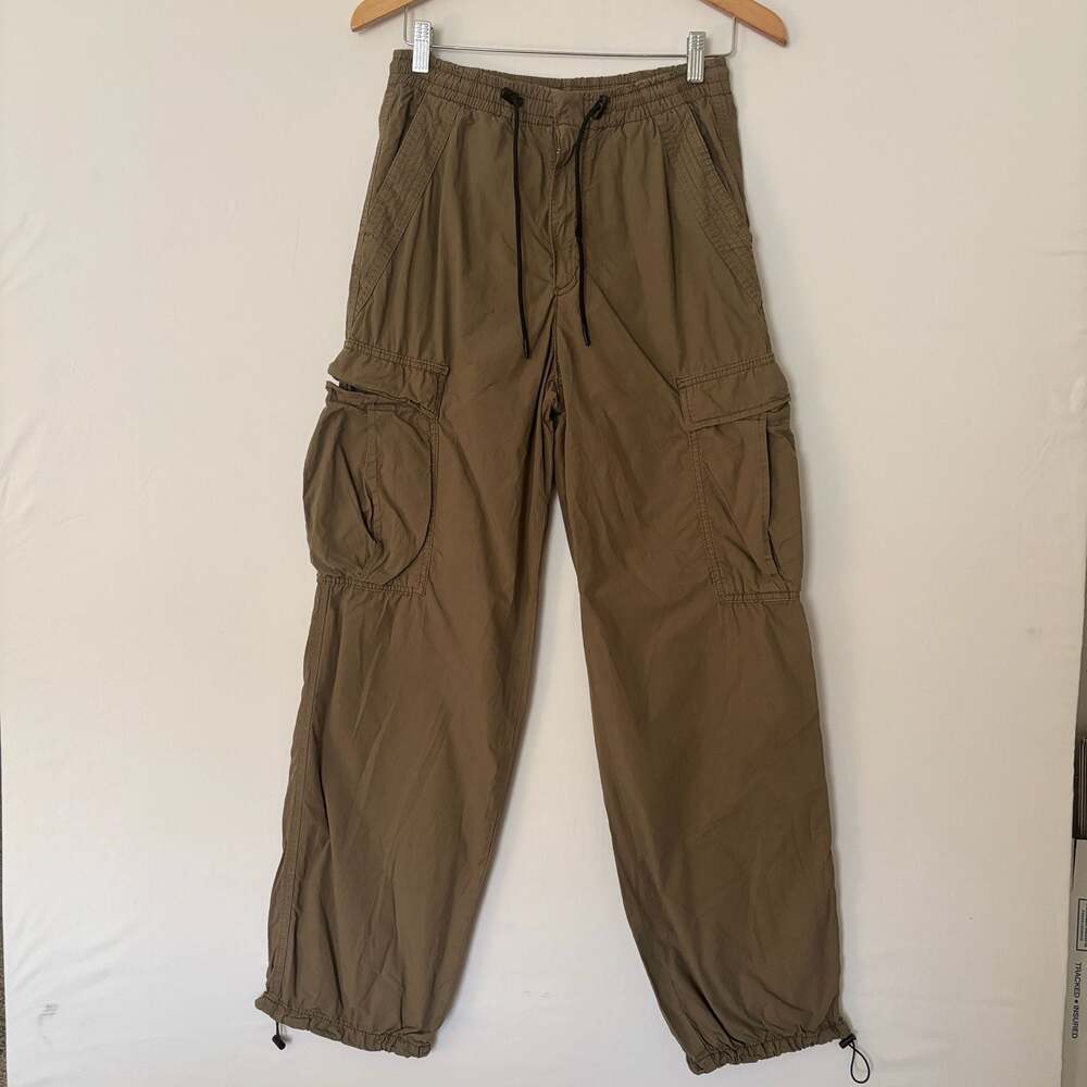 Olive Green Wide Leg Parachute Cargo‎ Pants Cinched Hem Y2K Utility Streetwear